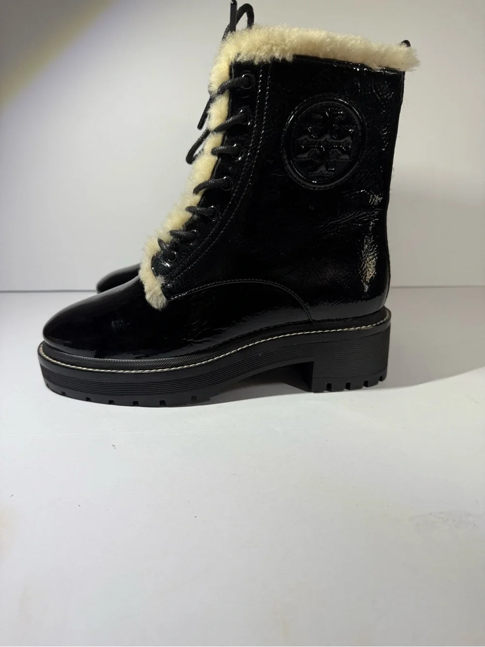 Tory Burch Black Patent Leather Shearling-Trim Combat Boots size5